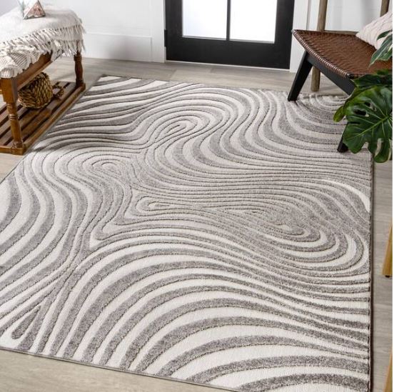 Maribo High-Low Abstract Groovy Striped Gray/Ivory 8 ft. x 10 ft. Indoor/Outdoor Area Rug