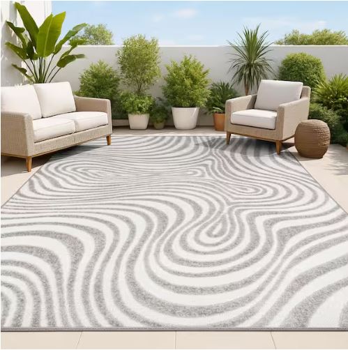 Maribo High-Low Abstract Groovy Striped Gray/Ivory 8 ft. x 10 ft. Indoor/Outdoor Area Rug