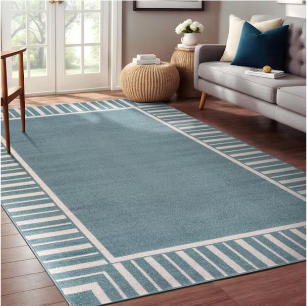 Edge Teal 8 ft. x 10 ft. Rubber Back Washable Geometric Border Indoor Outdoor Patio Area Rug