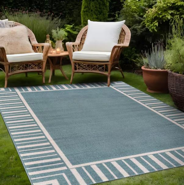 Edge Teal 8 ft. x 10 ft. Rubber Back Washable Geometric Border Indoor Outdoor Patio Area Rug