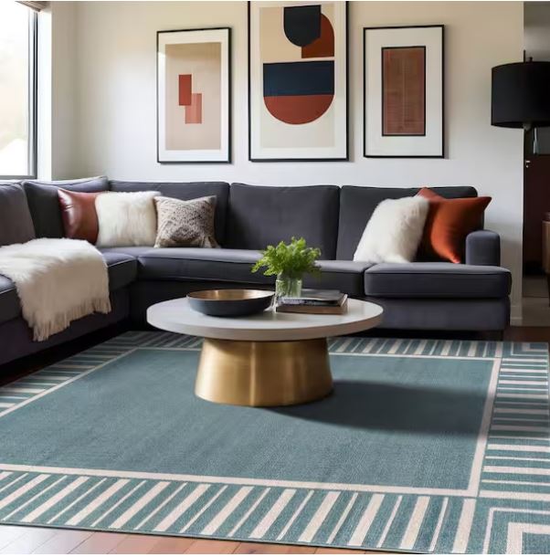 Edge Teal 8 ft. x 10 ft. Rubber Back Washable Geometric Border Indoor Outdoor Patio Area Rug