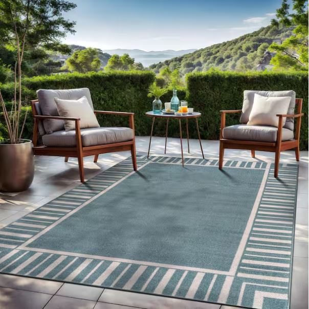 Edge Teal 8 ft. x 10 ft. Rubber Back Washable Geometric Border Indoor Outdoor Patio Area Rug