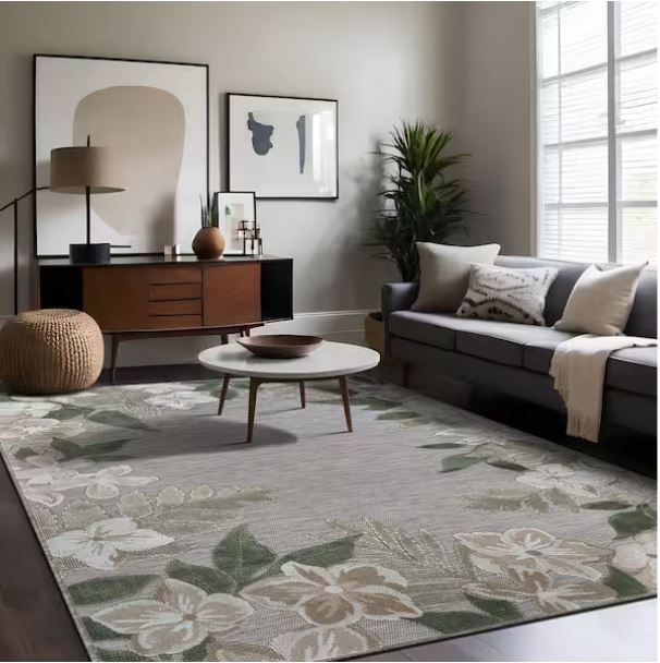 Eden 8 ft. x 10 ft. Green Washable Border Floral Indoor Outdoor Area Rug