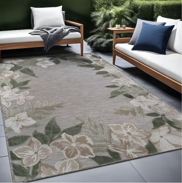 Eden 8 ft. x 10 ft. Green Washable Border Floral Indoor Outdoor Area Rug