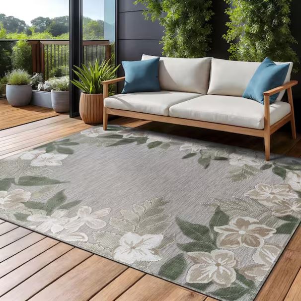 Eden 8 ft. x 10 ft. Green Washable Border Floral Indoor Outdoor Area Rug