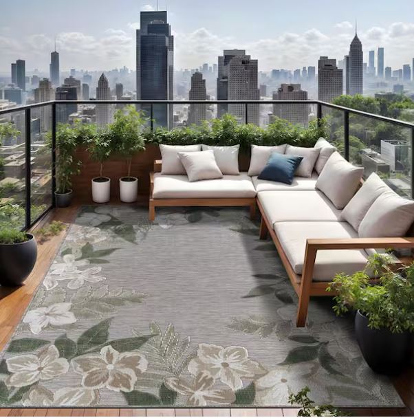 Eden 8 ft. x 10 ft. Green Washable Border Floral Indoor Outdoor Area Rug