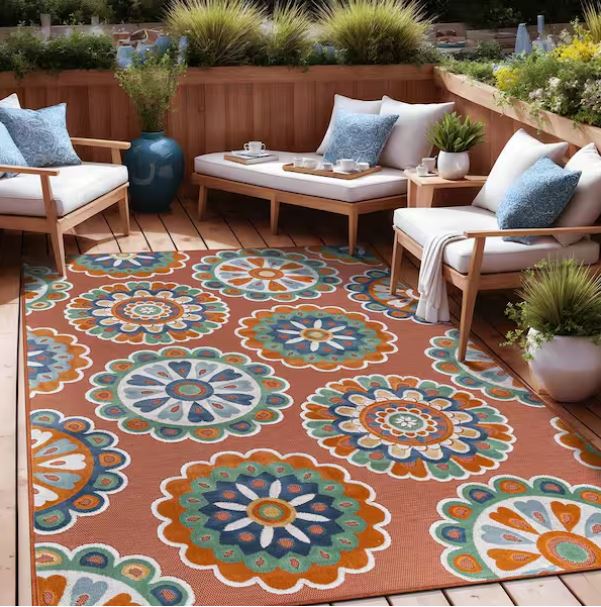 Mandala 8 ft. x 10 ft. Orange Washable Bohemian Medallion Indoor Outdoor Area Rug