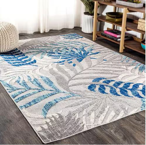 Tropics Palm Leaves Gray/Blue 5 ft. x 8 ft. Indoor/Outdoor Area Rug