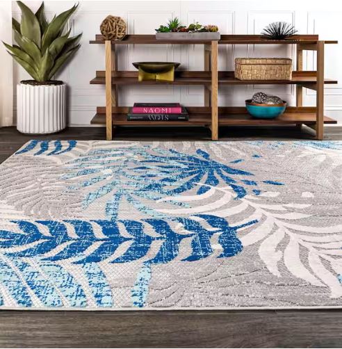 Tropics Palm Leaves Gray/Blue 5 ft. x 8 ft. Indoor/Outdoor Area Rug