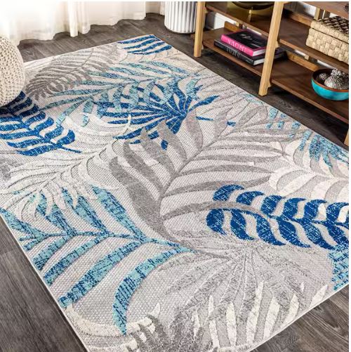 Tropics Palm Leaves Gray/Blue 5 ft. x 8 ft. Indoor/Outdoor Area Rug