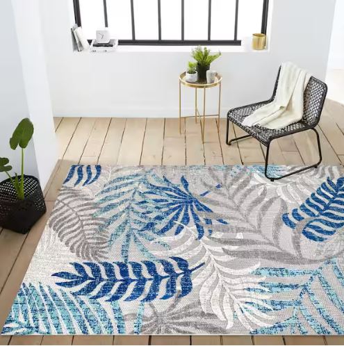 Tropics Palm Leaves Gray/Blue 5 ft. x 8 ft. Indoor/Outdoor Area Rug