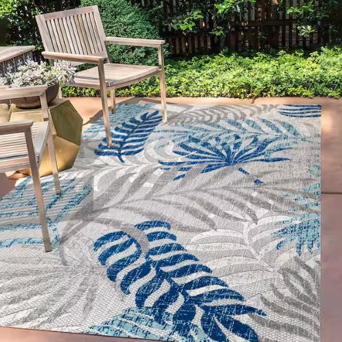 Tropics Palm Leaves Gray/Blue 5 ft. x 8 ft. Indoor/Outdoor Area Rug