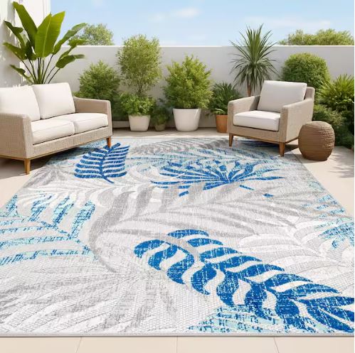 Tropics Palm Leaves Gray/Blue 5 ft. x 8 ft. Indoor/Outdoor Area Rug