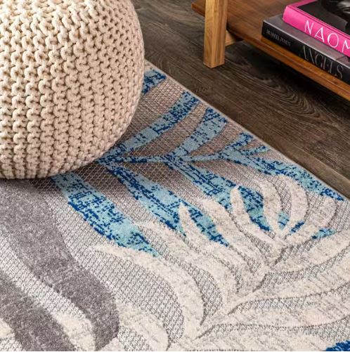 Tropics Palm Leaves Gray/Blue 5 ft. x 8 ft. Indoor/Outdoor Area Rug