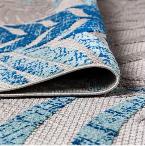 Tropics Palm Leaves Gray/Blue 5 ft. x 8 ft. Indoor/Outdoor Area Rug