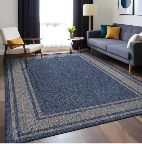 Essence Navy/Silver 9 ft. x 12 ft. Bordered Easy to Clean Indoor Outdoor Area Rug