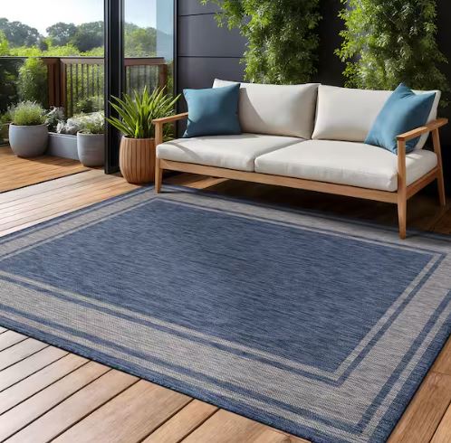Essence Navy/Silver 9 ft. x 12 ft. Bordered Easy to Clean Indoor Outdoor Area Rug