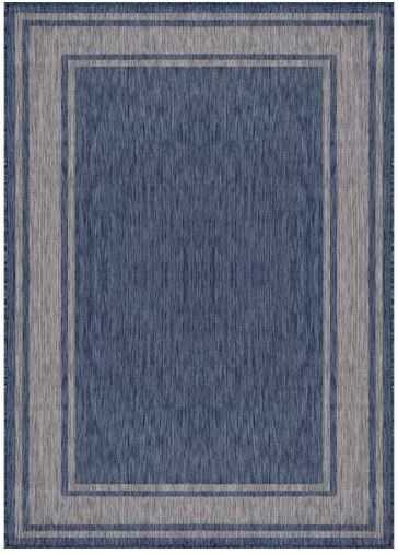 Essence Navy/Silver 9 ft. x 12 ft. Bordered Easy to Clean Indoor Outdoor Area Rug