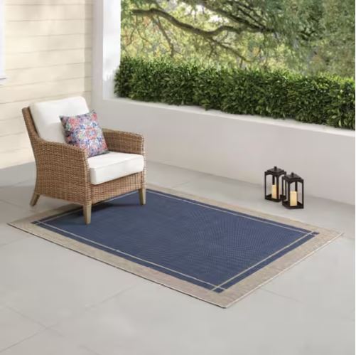 Navy Center Border 8 ft. x 10 ft. Indoor/Outdoor Area Rug