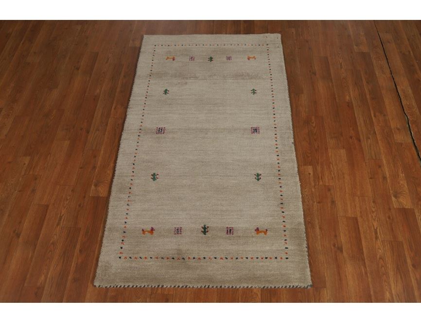 Hand Knotted Oriental 100% Wool Carpet Tribal Animal Pictorial Beige & Ivories Gabbeh Area Rug - 4' 10'' X 2' 9''