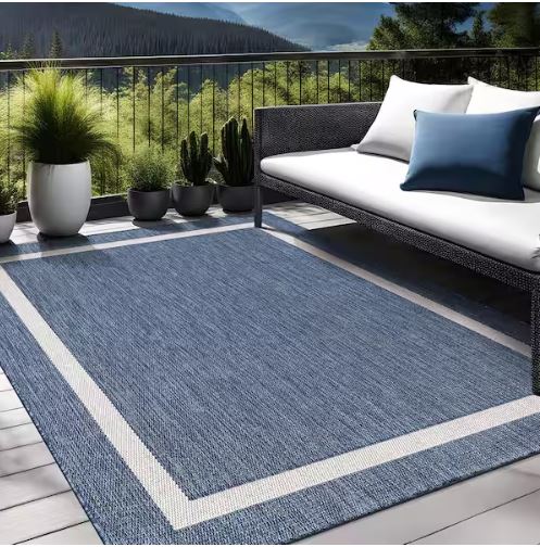 Waikiki Blue/White 6 ft. x 9 ft. Bordered Indoor/Outdoor Area Rug
