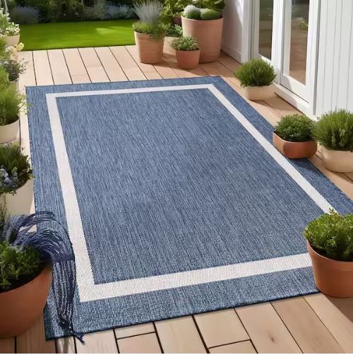 Waikiki Blue/White 6 ft. x 9 ft. Bordered Indoor/Outdoor Area Rug