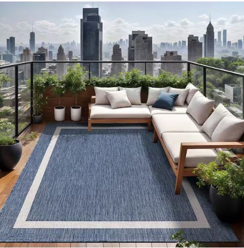 Waikiki Blue/White 6 ft. x 9 ft. Bordered Indoor/Outdoor Area Rug