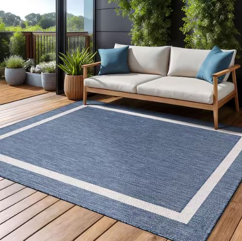 Waikiki Blue/White 6 ft. x 9 ft. Bordered Indoor/Outdoor Area Rug