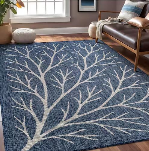 Flora Blue 6 ft. x 9 ft. Coral Branch Washable Indoor Outdoor Area Rug
