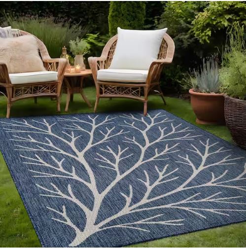 Flora Blue 6 ft. x 9 ft. Coral Branch Washable Indoor Outdoor Area Rug