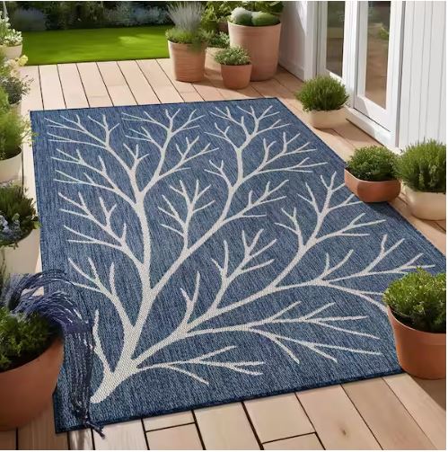 Flora Blue 6 ft. x 9 ft. Coral Branch Washable Indoor Outdoor Area Rug