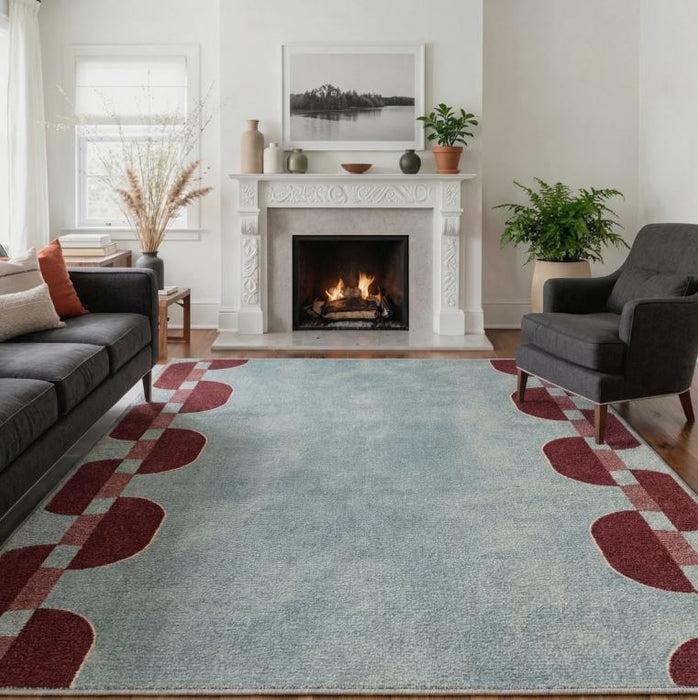 8x10 Modern Geometric Machine Washable Chain Link Blue Indoor Area Rug With Non-Slip Backing
