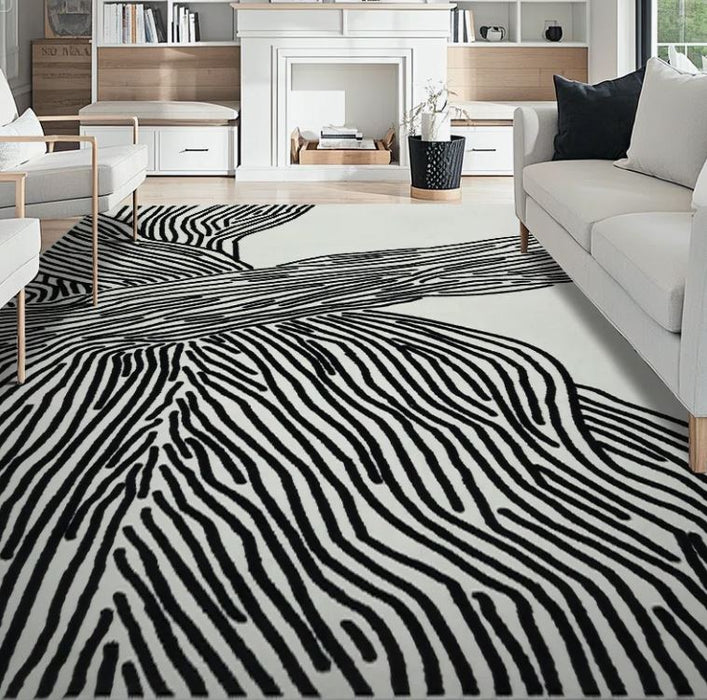 9x12 Modern Abstract Stripes Machine Washable Area Rug in Black & White