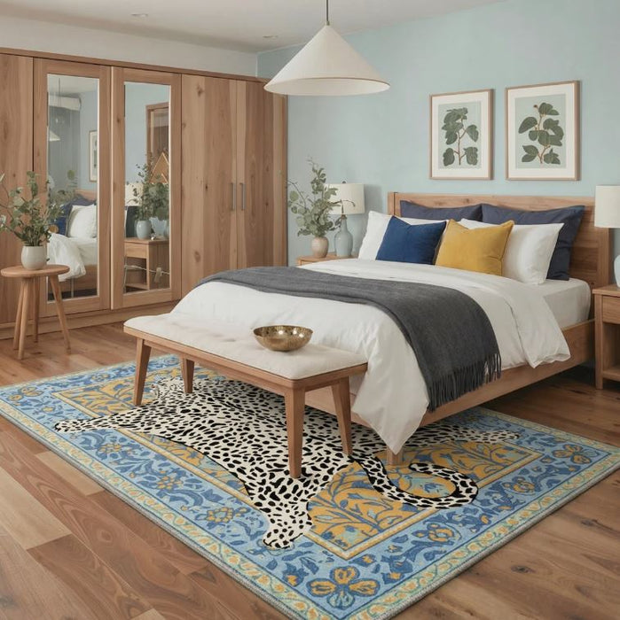 9x12 Alinda Savanna Animal Print Machine Washable Blue / Yellow / Beige Indoor Area Rug with Non-Slip Backing