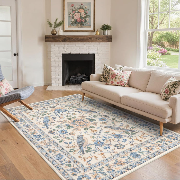 GENIMO 6X9 Blue Ivory Area Rug for Living Room, Washable Non Slip