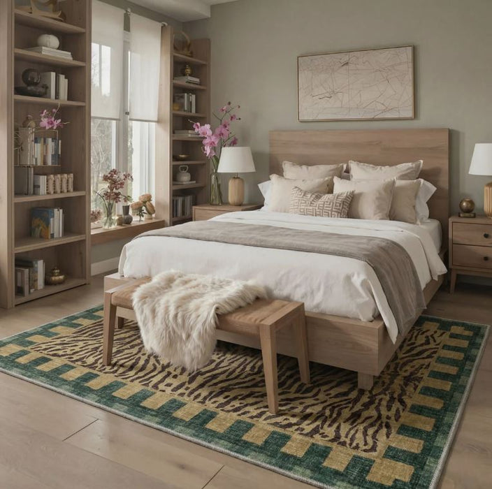 6' x 9' Alissa Zagora Animal Print Tiger Stripe Machine Washable Green / Brown Indoor Area Rug with Non-Slip Backing