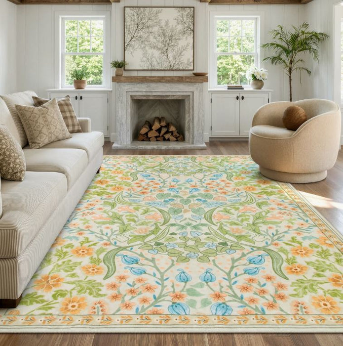 8x10 Kaldi Floral Washable Area Rug – Intricate Nature-Inspired Design, Non-Slip Soft Floor Mat for Living Room, Bedroom, and Entryway