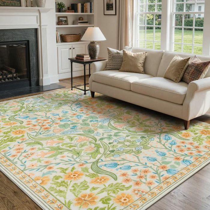 8x10 Kaldi Floral Washable Area Rug – Intricate Nature-Inspired Design, Non-Slip Soft Floor Mat for Living Room, Bedroom, and Entryway