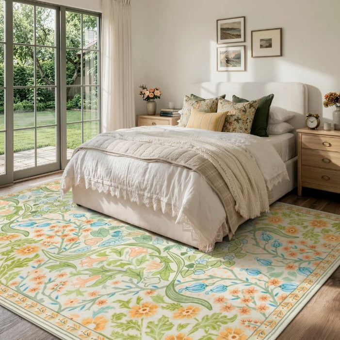 8x10 Kaldi Floral Washable Area Rug – Intricate Nature-Inspired Design, Non-Slip Soft Floor Mat for Living Room, Bedroom, and Entryway