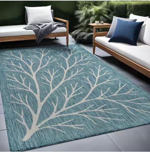 Flora Aqua 8 ft. x 10 ft. Coral Branch Washable Indoor Outdoor Area Rug