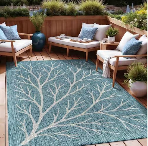Flora Aqua 8 ft. x 10 ft. Coral Branch Washable Indoor Outdoor Area Rug