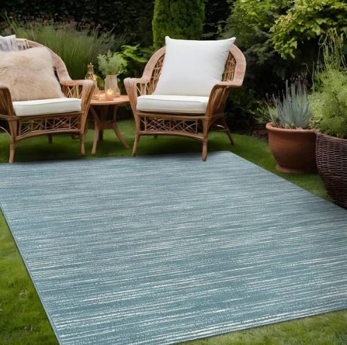 Linea Teal 5 ft. x 7 ft. Rubber Back Washable Modern Striped Indoor Outdoor Patio Area Rug