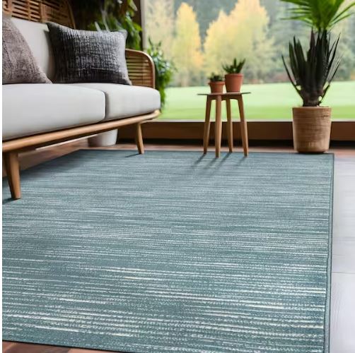 Linea Teal 5 ft. x 7 ft. Rubber Back Washable Modern Striped Indoor Outdoor Patio Area Rug