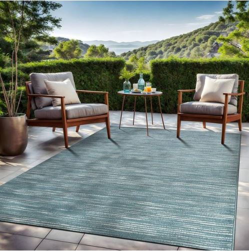 Linea Teal 5 ft. x 7 ft. Rubber Back Washable Modern Striped Indoor Outdoor Patio Area Rug