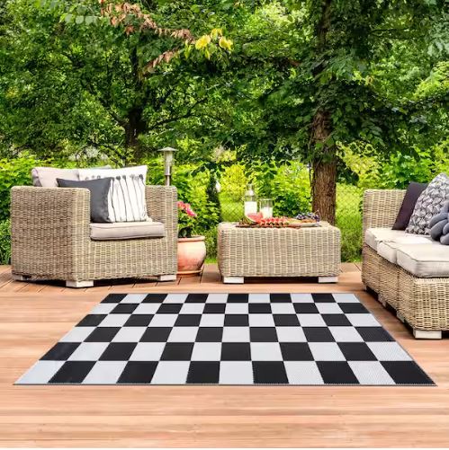 California Black and White 8 ft. x 10 ft. Reversible Indoor/Outdoor Recycled, Plastic, Weather, Water, Stain, Fade