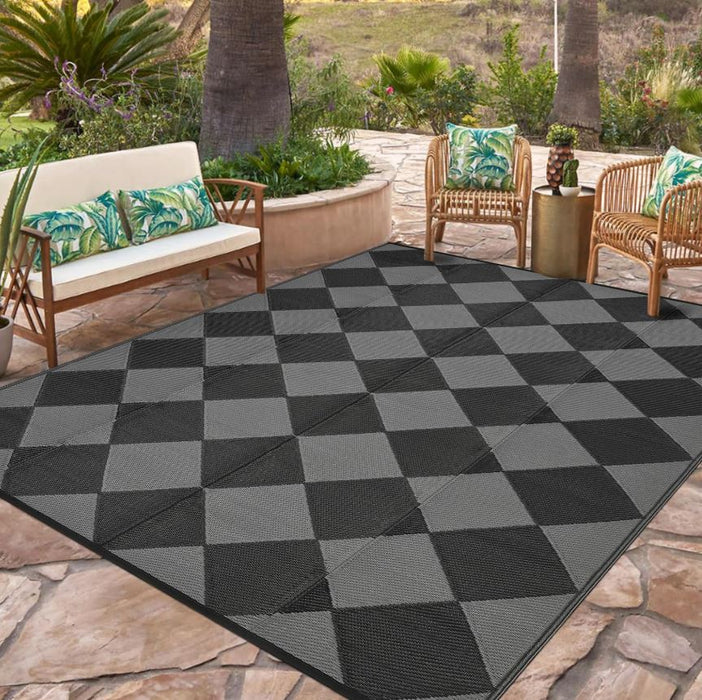 Garvee Outdoor Plastic Straw Rug 8x10 Reversible Waterproof Patio Rug Black/Grey Diamond for Camping, RV, Porch, Balcony, Picnic, Beach