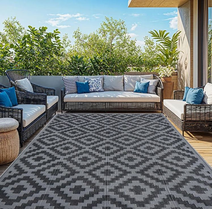 9x12 Black & Grey Geometric Cross Outdoor Rugs for Patio, Porch, or Balcony
