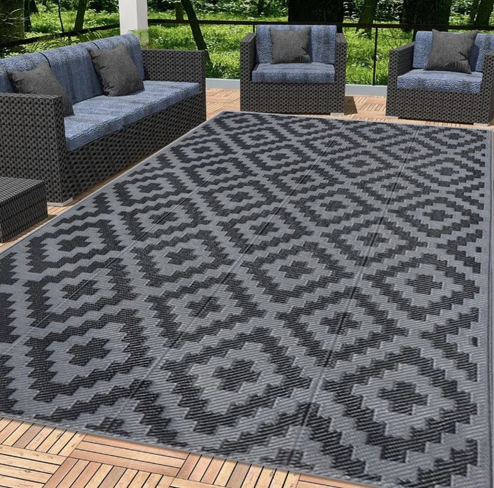 9x12 Black & Grey Geometric Cross Outdoor Rugs for Patio, Porch, or Balcony
