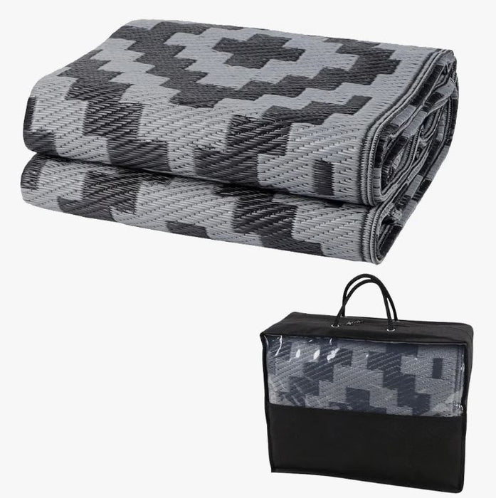 9x12 Black & Grey Geometric Cross Outdoor Rugs for Patio, Porch, or Balcony