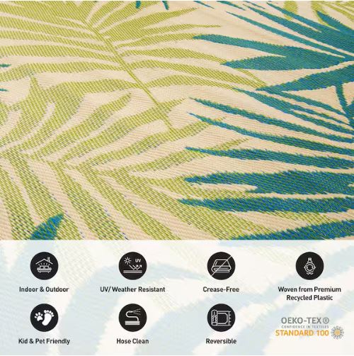 Modern Floral Reversible Plastic Green 6 ft. x 9 ft. Outdoor Area Rug